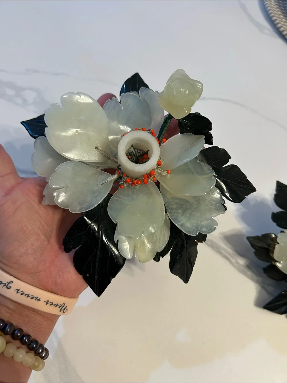 Chinese Carved Jade Lotus Flower & Leaves Candle Holder Set of 2